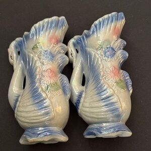 Vintage Ceramic Kissing Swan Vases with Floral Design